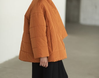 Kimono coat Padded waterproof jacket Hand quilted orange taffeta coat Asian inspired minimalist coat with pockets Cropped oversized jacket