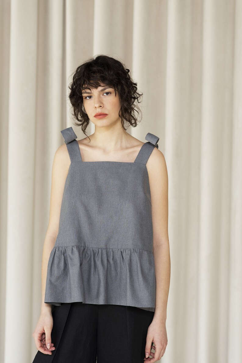 Statement top from high quality cotton twill, Square neckline ruffled trim top, A-line peplum top ready to ship Gray