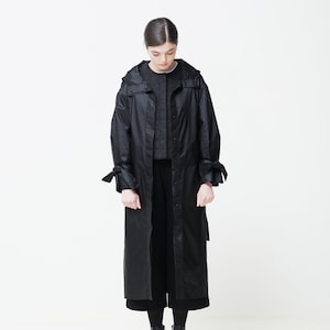 Hooded raincoat with belt and side seam pockets, Oversized black waterproof trench-coat, Minimalist urban long rain jacket, Capsule wardrobe