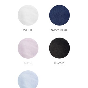 K&ouml;nnte beinhalten: F&uuml;nf Stoffmuster in verschiedenen Farben: Wei&szlig;, Marineblau, Rosa, Schwarz und Hellblau. Die Muster sind mit ihren jeweiligen Farben beschriftet.