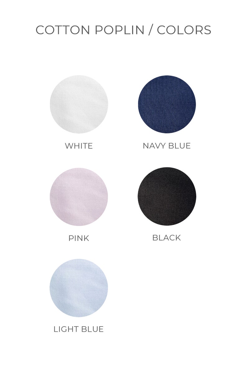 K&ouml;nnte beinhalten: F&uuml;nf Stoffmuster in verschiedenen Farben: Wei&szlig;, Marineblau, Rosa, Schwarz und Hellblau. Die Muster sind mit ihren jeweiligen Farben beschriftet.