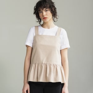 Statement top from high quality cotton twill, Square neckline ruffled trim top, A-line peplum top ready to ship Beige