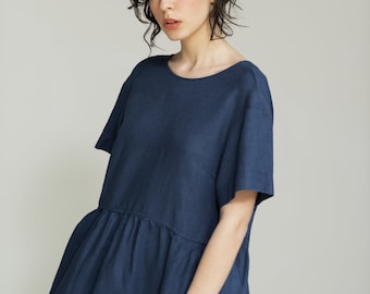 V-back relaxed linen dress, Loose tent dress with pockets, Navy blue linen dress with short sleeves, Summer maxi dress, Boho linen dress