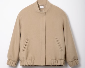 Oversized bomber jacket with elasticated hem, Wool blend baseball jacket, Urban minimalist short zipper coat, Dropped shoulder spring coat