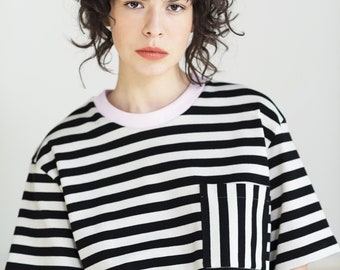 PREPAID US TARIFFS Black White Stripe Minimalist Design Contrast Neckline Heavy Jersey Top Loose Casual Spring Wardrobe Essential Piece