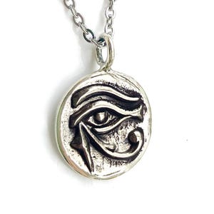 Silver Egyptian Eye Necklace, Egyptian eye symbol, Ankh Symbol - Egyptian Ankh - Silver Coin Necklace