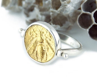 Honeybee Ring - Sterling Silver Flip Ring, 18K GOLD - Handmade Spinning Ring