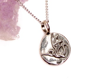 Colgante de dragón de plata - Collar de mini dragón - Collar de mini dragón de doble cara