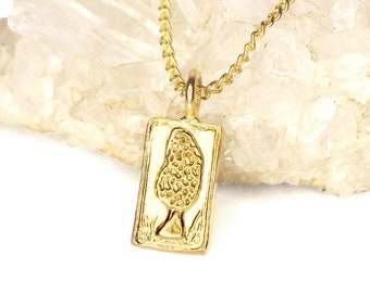 Gold Mushroom Pendant - Morel Mushroom, Forest Fern - Cottage Core Gold Pendant Necklace - Gold Mushroom Charm