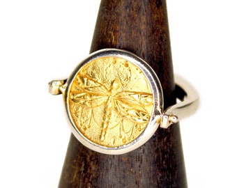 Dragonfly GOLD spinning ring, sterling silver, flip ring, fidget ring, GOLD Dragonfly Ring - boho syle, minimal design