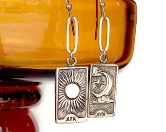 Sun Moon - Silver Tarot Card Earrings - astrology, celestial, bohemian