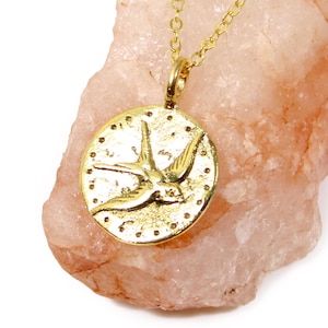 GOLD Sparrow Necklace - sparrow pendant, flower mandala, hindu flower, spiritual - minimal jewelry design