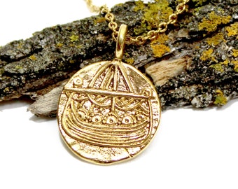 Gold Viking Ship - Gold Viking Compass Coin, gold viking coin pendant, valhalla, gift for him, cosplay viking, renaissance jewelry