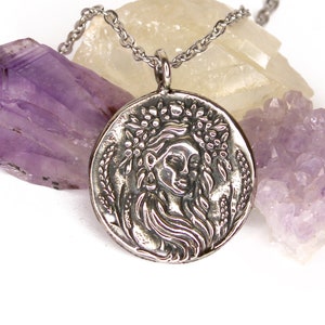 Persephone Goddess - Pomegranate - Silver Coin Medallion Necklace - DOUBLE SIDED - mythology coin