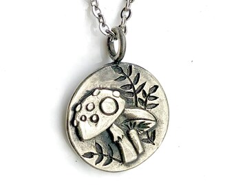 Magic Mushroom - Space Snail - Silver Pendant Necklace  - DOUBLE SIDED -  Cottage, Fairy