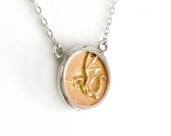 Mini Flying Dragon - Layering Necklace - STERLING SILVER - Gold Fantasy Symbol