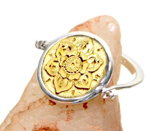 Flower Mandala Spinning Ring - Gold Coin - Sterling Silver - Spinning Reversible Ring