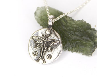 STERLING SILVER Luna Moth Silver Necklace, bohemian pendant -  Nature, Luna Moth Jewelry, lunar pendant, flower of life