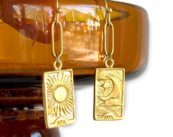 Tarot Card Earrings - sun and moon - tarot earrings - gold tarot - astrology, celestial, bohemian earrings