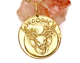 Artemis Deer - Large Gold Pendant Necklace - Diana Goddess - DOUBLE SIDED - Moon Symbol Charm