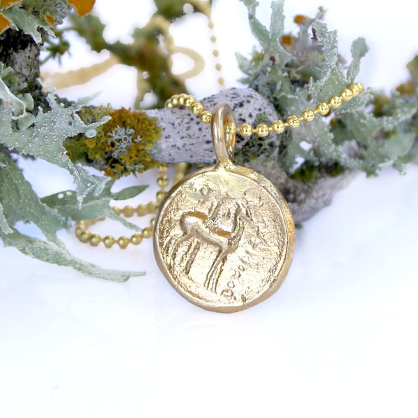 Gold Deer Necklace - Minimal Gold Deer Charm Necklace - Deer Pendant, Coin Necklace