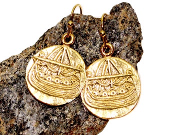 Gold Viking Ship Earrings, viking symbol, gold viking coin earrings, valhalla, cosplay viking, renaissance jewelry