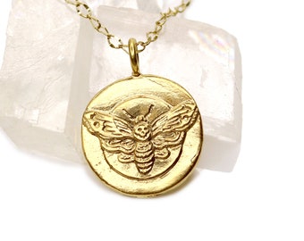 Death Head Moth - Gold Pendant Necklace - DOUBLE SIDED - Lunar Phases - Cottage Core, Nature, Gothic Style