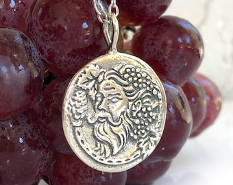 Dionysus, Bacchus & Grapes - Large Silver Necklace - DOUBLE SIDED - Mythology God of Wine