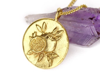Pomegranate - Persephone Goddess - Large Gold Medallion Necklace - DOUBLE SIDED - mythology coin