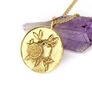 Pomegranate - Persephone Goddess - Large Gold Medallion Necklace - DOUBLE SIDED - mythology coin