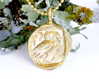 Owl Pendant - Gold Owl - Gold Wax Seal - Greek Owl of Athena