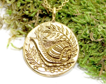 Gold Snail - Magic Mushroom House Pendant Necklace, Snail, gold mushroom, gold snail, hippie pendant, boho gift, gold medallion