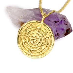 Labyrinth - Hecate Goddess - Gold Coin Medallion Necklace - DOUBLE SIDED - labyrinth, pagan coin