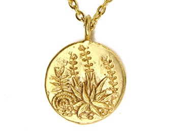 Succulent Cactus Pendant, Plants, GOLD Succulent, desert plants, plant lover, gift for her, Gold medallion