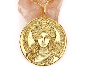 Artemis Goddess - Diana - Moon Goddess - deer - GOLD -  Greek Mythology, Ancient Mythology, Medallion