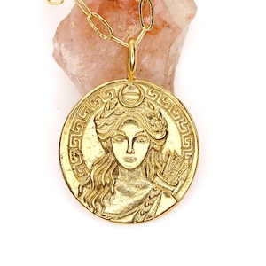 Artemis Goddess - Diana - Moon Goddess - deer - GOLD -  Greek Mythology, Ancient Mythology, Medallion