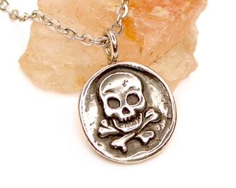 Shipwreck Coin Pendant - Silver Skull Coin Necklace - Skull and Crossbones - Pirate Treasure Doubloon Necklace - Mens Pirate Necklace