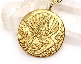 Mermaid Coin Medallion, Seahorse Coin Pendant Necklace - DOUBLE SIDED