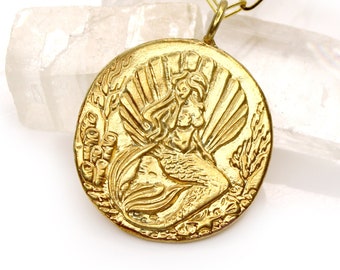 Mermaid Gold Medallion - Seahorse - Pendant Necklace - DOUBLE SIDED