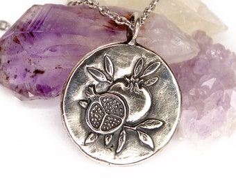 Pomegranate - Persephone Goddess - Silver Coin Medallion Necklace - DOUBLE SIDED - mythology coin