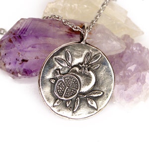 Pomegranate - Persephone Goddess - Large Silver Medallion Necklace - DOUBLE SIDED - mythology symbolism