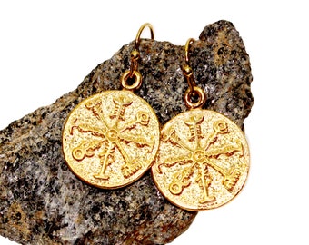 Gold Viking Compass Earrings, viking symbol, gold viking coin earrings, valhalla, cosplay viking, renaissance jewelry