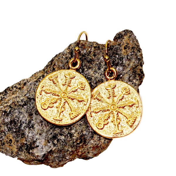 Gold Viking Compass Earrings, viking symbol, gold viking coin earrings, valhalla, cosplay viking, renaissance jewelry