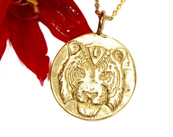 Gold Tiger Necklace, Tiger Pendant, Cherry Blossom, Gold Medallion, Gold Disc Layering Necklace