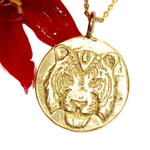 Gold Tiger Necklace Tiger Pendant Cherry Blossom Gold Etsy