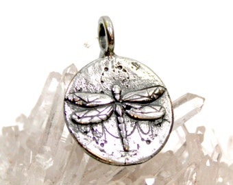 Silver Dragonfly - Coin Pendant Necklace - Double Sided - Sacred Symbol