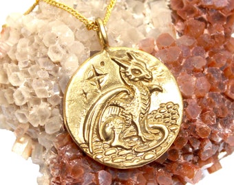 Dragon Medallion - DOUBLE SIDED - GOLD - baby dragon, flying dragon - renaissance - dragon necklace