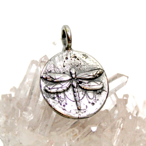 Silver Dragonfly Pendant - DOUBLE SIDED - Flower of Life - sacred geometry - silver coin pendant, dragonfly charm, dragonfly necklace