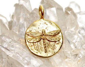 Dragonfly - GOLD Pendant Necklace - Flower of Life Symbol - Reversible Charm