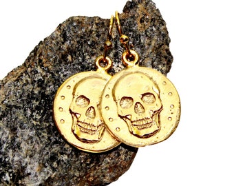 Gold Skull Earrings -  gold crown, 18k gold skull jewelry, gold disc earrings, death, gothic, pirate earrings